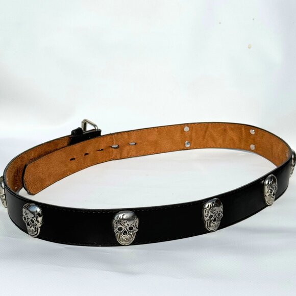 Black Leather Belt w/ Chrome Skull Head Conchos – Size L - Picture 3 of 8
